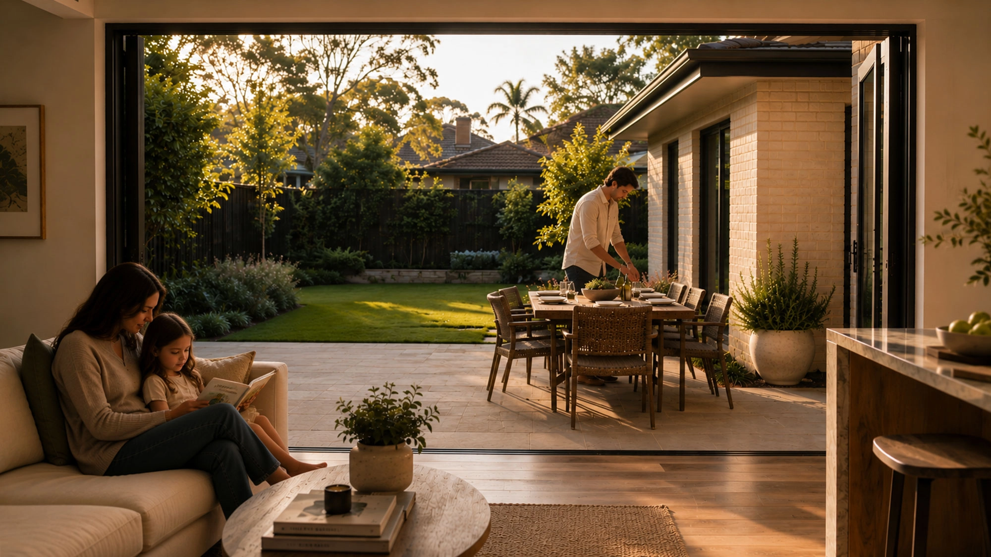 A family enjoying and open-plan living area and a garden, where the house and landscape are one connected home.